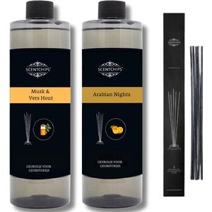 Navulling Musk Vers Hout + arabian nights + Geurstokjes - Geurstokjes Navulling Set van 2 + 5 Geurstokjes - Geurverspreider - Luchtverfrisser - Huisparfum - 400ml x 2