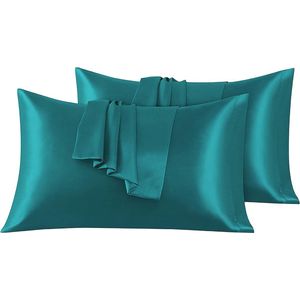 Set van 2 Satijn kussenslopen 50 x 90 cm , Zacht en Zijdig Bed Kussen Kussen Kussen Groen water, Envelop Sluiting, Anti-mijt en Hypoallergeen, Haar en Huid Bescherming tegen rimpels