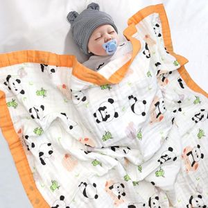 Deken 6-laags knuffeldeken baby katoen 110 x 110 cm mousseline babydeken wikkeldeken zachte deken voor badhanddoek, kinderdeken pasgeborenen unisex (bamboespanda)