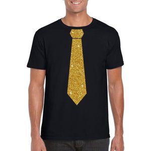 Zwart fun t-shirt met stropdas in glitter goud heren S