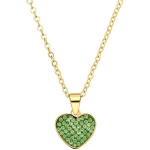 Lucardi Dames Stalen goldplated ketting hart met kristal peridot - Ketting - Staal - Goudkleurig - 47 cm