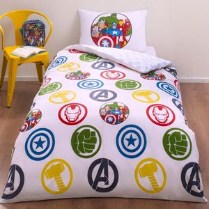 1-persoons jongens dekbedovertrek (dekbed hoes) wit met Marvel Avengers superhelden (Hulk, Thor, Iron Man, Captain America) KATOEN eenpersoons 140 x 200 cm (beddengoed gamer kinderkamer slaapkamer)