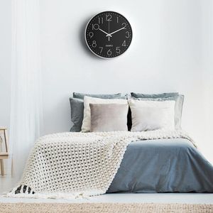 Wandklok, 30 cm (12 inch), moderne wandklok, stil, kwartsuurwerk, modern minimalistisch design, zwart, voor woonkamer, keuken, kantoor, slaapkamer (zilverkleurige tekens)