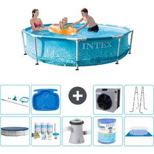 Intex Rond Frame Zwembad - 305 x 76 cm - Waterprint - Inclusief Afdekzeil - Onderhoudspakket - Zwembadfilterpomp - Filter - Grondzeil - Schoonmaakset - Ladder - Voetenbad - Warmtepomp