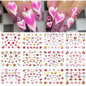 12 Stuks Nagelstickers – Harten Valentijn – Romantisch, Hartjes, Bloemen, Sleutels, Kussen – Nail Art Stickers