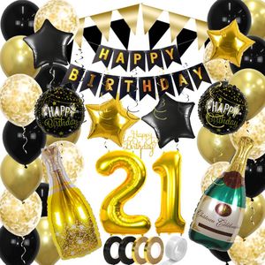 21 Jaar Feest Verjaardag Versiering Confetti Helium Ballonnen Slingers Happy Birthday Goud & Zwart Decoratie – 60 Stuks