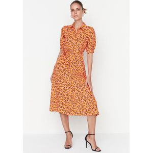 Trendyol Standaard mouw Kraag Overhemdjurk Oranje overhemd midi geweven bloemenprint jurk TWOSS20EL1559