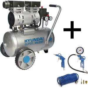 Hyundai stille 59dB compressor 24 liter - 8 BAR olievrij Low Noise - 'Super Silent Deluxe' versie - incl. 6-delige Hyundai accessoire set