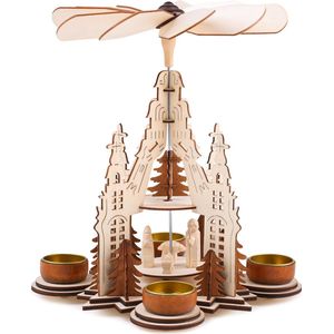 BRUBAKER Kerstpiramide kathedraal 29 cm - Maria, Jozef en Jezus - 2 etages - theelichtpiramide met 4 theelichthouders van metaal - hout natuur