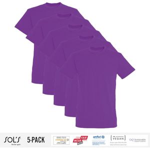 5 Pack Sol's Jongens/Meisjes T-Shirt 100% biologisch katoen Ronde hals Paars Maat 130/140 (9/10 Jaar)