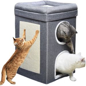 Krabton, kattenkrabpaal met 2 kattenholletjes, krabtoren met krabplank, kattentoren met 3 niveaus en 3 matten, kattenton voor katten tot 20 kg, krabpaal kattenmeubel, donkergrijs