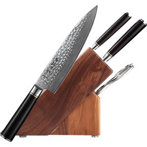 Luxe en Professionele 5-delige Keukenmessen-set van Damascus Staal (67 lagen, VG10) | HEZHEN B1Z Series | Vlijmscherpe Damascus Stalen Lemmeten | Handvat van Ebbenhout | Koksmes + Santokumes + Groentemes + Blok + Keukenschaar