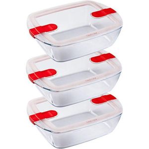 Pyrex - Cook & Heat - Rechthoekige Schaal met Magnetronbestendige Deksel - Glas - 1,1 liter - Set van 3 Stuks