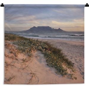 Wandkleed Tafelberg - Strand en de zee met op de achtergrond de Tafelberg Wandkleed katoen 150x150 cm - Wandtapijt met foto