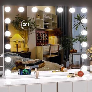 Verlichte Make-upspiegel 315 x 236 inch Hollywood Spiegel - met 17 dimbare lampen en 10x vergroting - 3 kleurenmodi - aanraakbediening - USB oplaadpoort Type-C