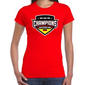 We are the champions Deutschland t-shirt met schild embleem in de kleuren van de Duitse vlag - rood - dames - Duitsland supporter / Duits elftal fan shirt / EK / WK / kleding XS