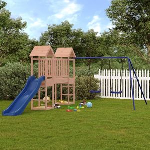 The Living Store Speeltorens met brug - Houten speeltoestel - Massief douglashout - 308 x 393 x 194 cm - Dubbele schommelset - Golfglijbaan - Blauw - Voor kinderen van 3-8 jaar - Max gewicht 45 kg - Montagehandleiding inbegrepen