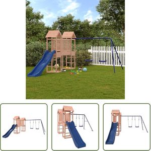 The Living Store Speeltorens met brug - Houten speeltoestel - Massief douglashout - 308 x 393 x 194 cm - Dubbele schommelset - Golfglijbaan - Blauw - Voor kinderen van 3-8 jaar - Max gewicht 45 kg - Montagehandleiding inbegrepen