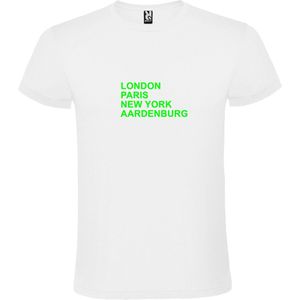 Wit T-Shirt met “ LONDON, PARIS, NEW YORK, AARDENBURG “ Afbeelding Neon Groen Size XXXXXL