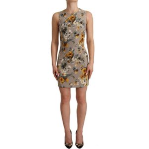 Grijze zijden mini-jurk met stretch bloemenschede