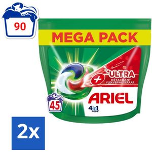 Ariel +Ultra - Vlekverwijderaar & Wasmiddelcapsules - 4in1 Pods - Witte en Gekleurde Was - 45 Capsules - Voordeelverpakking - 2 stuks