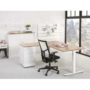 Ergonomisch t-poot wingbureau Design Teez breed 160CM diep 120CM bladkleur Licht Eiken framekleur Zwart (RAL9005) wingzijde Links