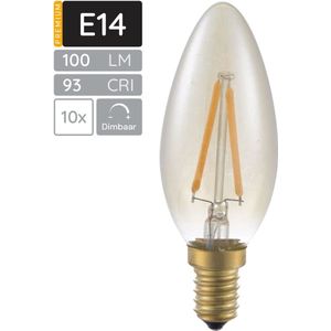SPL E14 LED Lamp 2W Dimbaar - CRI 93 - Goud - Extra Warm Wit - 2200K - LED Filament Kaars C35 - Vervangt 11W - 10 Stuks