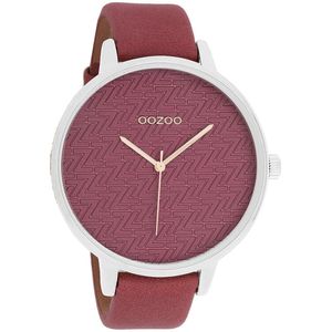 OOZOO Timepieces - Zilverkleurige horloge met bordeaux rode leren band - C10408