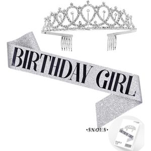 Snoes * Zilver Verjaardag Kroon Tiara en Sjerp * Birthday Girl * Silver/Glitter * Jarige versiering * Dress up for your Birthday *