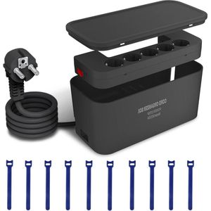 Kabelbeheerdoos Cable Tidy Box met Stekkerdoos 5 Voudige en 3USB- Poorten - Verberg Stekkerdozen en Elektrische Kabels - Voedingsbord met Schakelaar - 2M - 29.5 * 14 * 14CM - Zwart