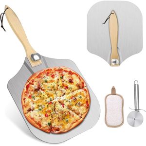 Pizza Peel 35,6 cm met Opvouwbaar Houten Handvat – Pizzaschep en Snijder voor Handgemaakte Pizza en Brood