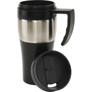 2x Thermosbekers/warmhoudbekers met handgreep zilver/zwart 400 ml - Thermo koffie/thee isoleerbekers dubbelwandig met schroefdop