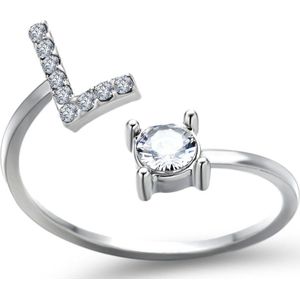 Ring met letter L - Ring met steen - Aanschuifring - Zilver kleurig - Ring Zilver dames - Cadeau voor vriendin - Vrouw - Sieraad meisje - Mooie ring tieners - Alfabet ring L - Ring met initiaal