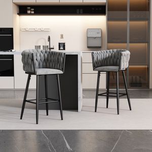 Fluwelen Eetkamerstoelen - 2-delige Set - Luxe Woonkamer - met Vier Metalen Poten - Grijs