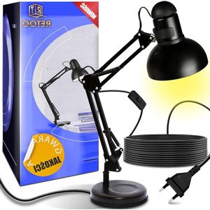 Desk Lamp E27 Retro Standing Table Lamp Reading - Metal Articulated Arm - Study Lamp Work Lamp - Bedside Lamp for Bedroom Living Room Office - Black