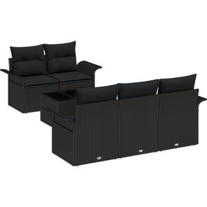 vidaXL - 6-delige - tuinset - met - zwarte - kussens - van - poly - riet