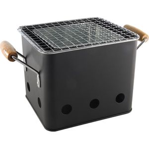 Mini Barbecue - Balkon - Terras - Tuin BBQ - Tafel Barbecue - 18x15.5x15.5cm - Staal - Zwart - Houten Handvatten
