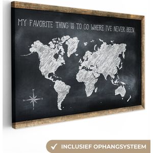 Canvas Wereldkaart - 120x80 - Wanddecoratie Wereldkaart - Quote - Krijtbord