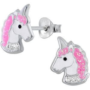 Joy|S - Zilveren eenhoorn oorbellen - unicorn oorknoppen - wit kristal
