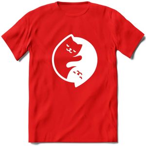 Ying Yang Sleepy Kat - Katten T-Shirt Kleding Cadeau | Dames - Heren - Unisex | Dieren shirt | Grappig Verjaardag kado | Tshirt Met Print | - Rood - M