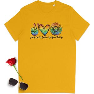 Gay Pride t shirt - Pride tshirt - Peace Love Equality - Dames tshirt met print - Heren t shirt met Pride opdruk - Unisex Pride Shirt - Unisex maten: S M L XL XXL XXXL - tshirt kleuren: Wit,  geel, oranje, roze en rood.