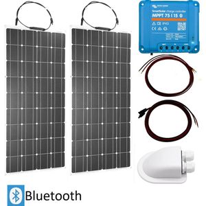 Bluetooth Set Flexibel Zonnepaneel 200Wp Caravan, Camper, Boot, Tent - MPPT Victron Energy laadregelaar 75/15 - Zonnepaneel Compleet Pakket - Kabel met connectoren - Dakdoorvoer - Plug-Play set schematische tekening en handleiding-Monokristallijn