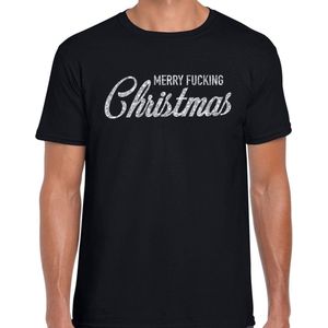 Fout kerstshirt / t-shirt - Merry Fucking Christmas - zilver / glitter - zwart voor heren - kerstkleding / christmas outfit XXL