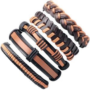 Fako Bijoux® - Leren Armband - Leder - Set Deluxe - 5 Stuks - Bruin/Oranje