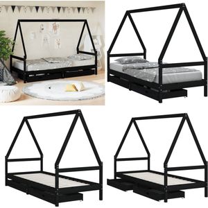 vidaXL Kinderbedframe met lades 90x200 cm massief grenenhout zwart - Kinderbedframe - Kinderbedframes - Kinderbed - Peuterbed