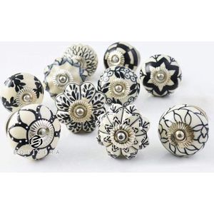 Equivera Set van 10 zwart-witte keramische knoppen, kastgrepen, keukengrepen, ladegreep, Indiase handgeschilderd