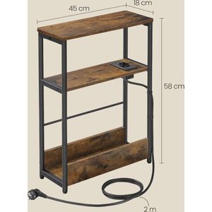 J&R Bijzettafel - Sidetable - Eindtafel - Koffietafel - Lectuurbak - Met stopcontact en USB - Industrieel - Hout en metaal - Bruin/Zwart - 18x45x58cm