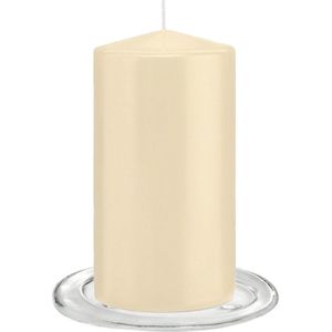 Trend Candles - Stompkaarsen met glazen onderzetters set van 2x stuks creme wit 8 x 15 cm