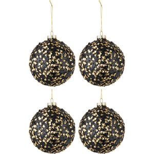 J-Line Doos Van 4 Kerstballen Glitter Paillettenglas Zwart Goud Medium