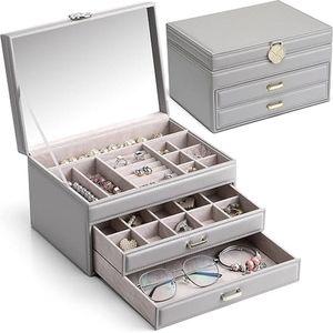 modern sieradenkistje voor dames met spiegel, sieradenopslag met 3 niveaus en 2 laden, sieradendoos van leer, juwelenkistje voor oorbellen, kettingen, geschenken voor vrouwen en meisjes